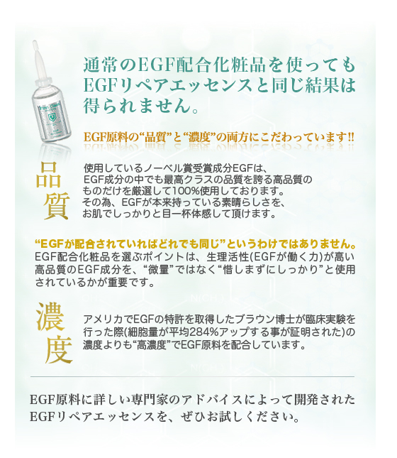 通常のEGF配合化粧品を使ってもEGFリペアエッセンスと同じ結果は得られません。